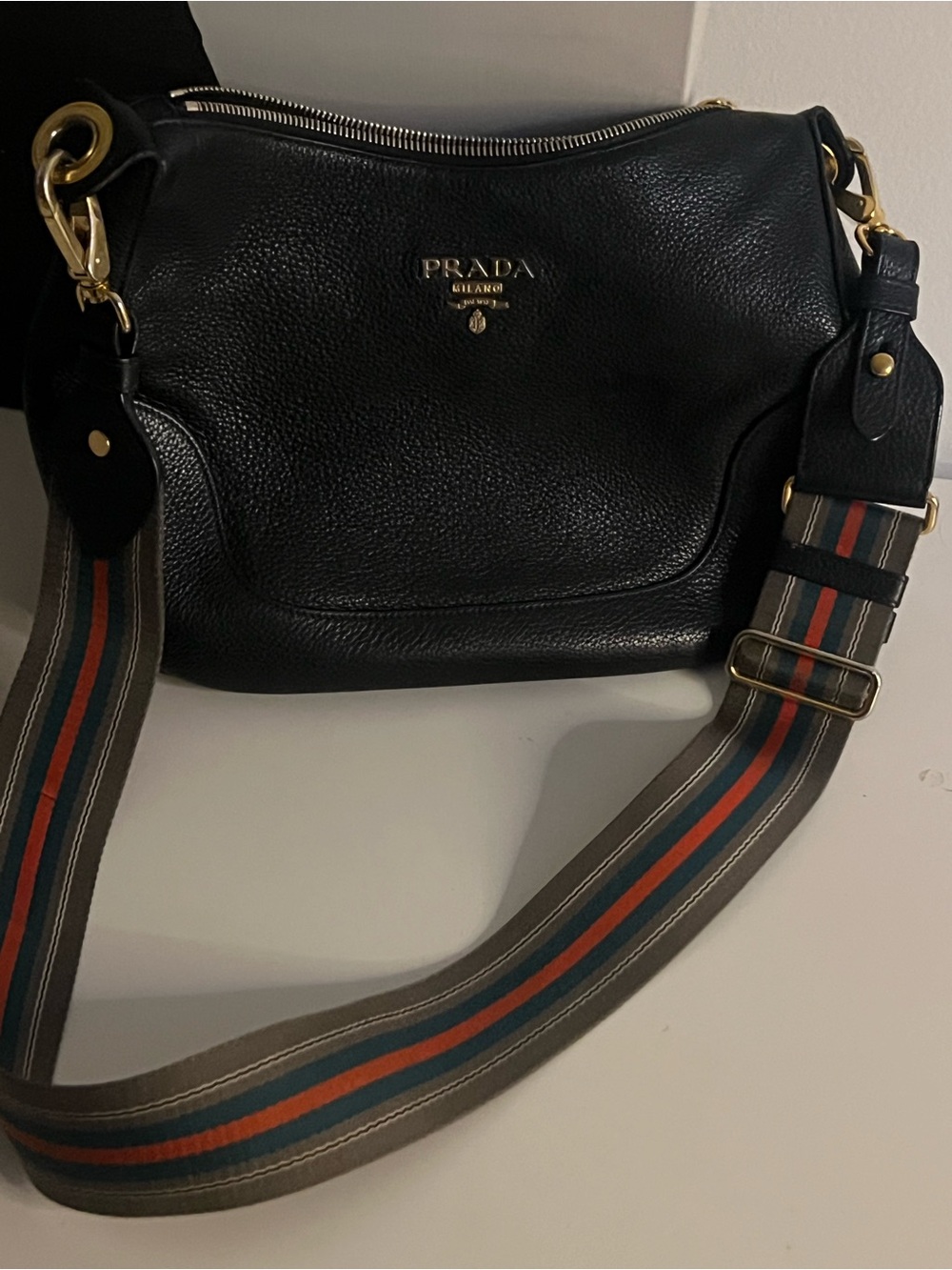 Prada Black Pebbled Leather Shoulder Bag with Striped Webbing Strap